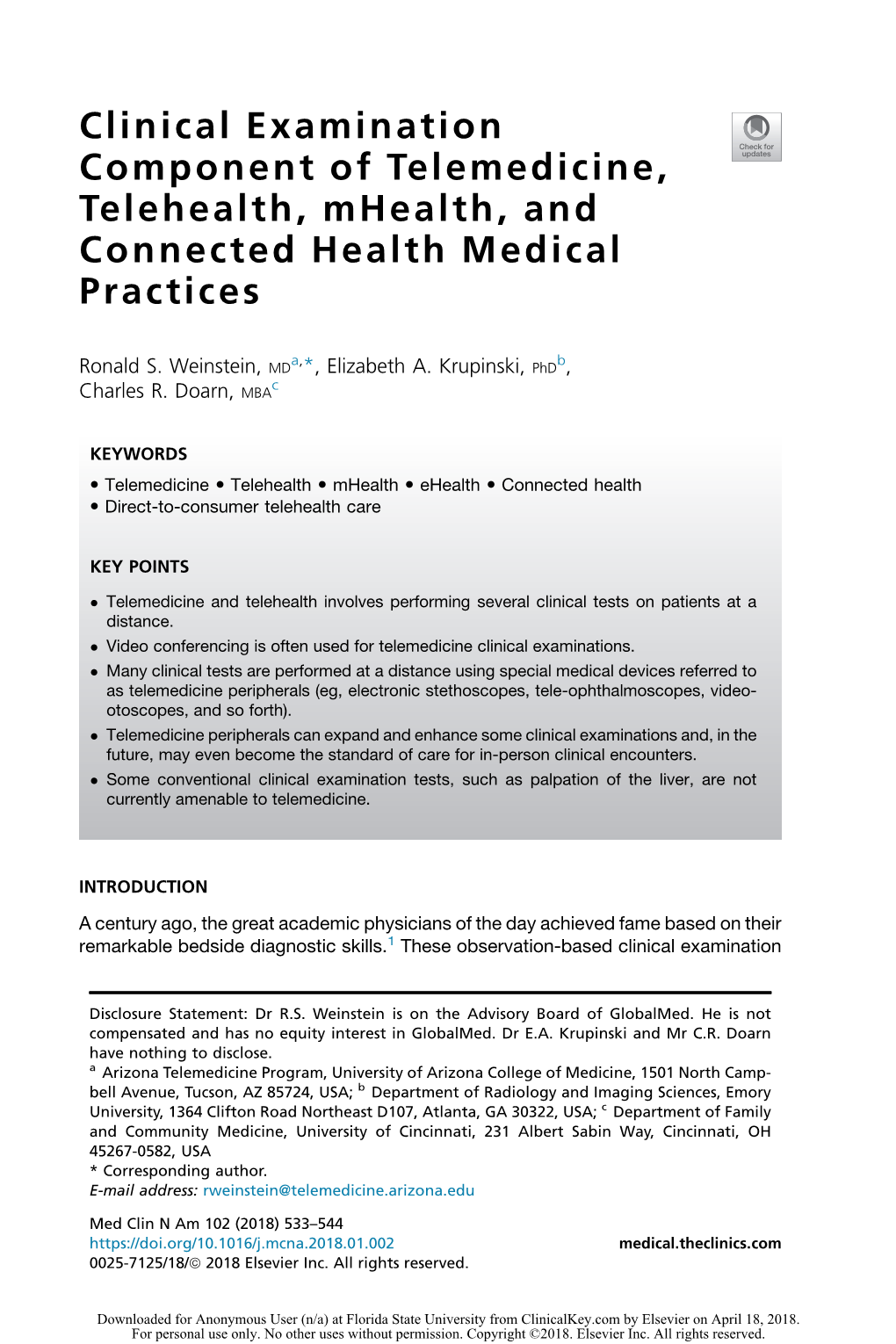 Clinical Examination Component of Telemedicine, Telehealth, Mhealth, and Connected Health Medical Practices