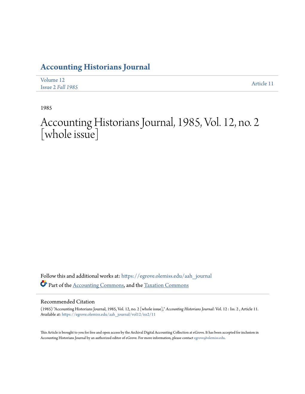 Accounting Historians Journal, 1985, Vol. 12, No. 2 [Whole Issue]