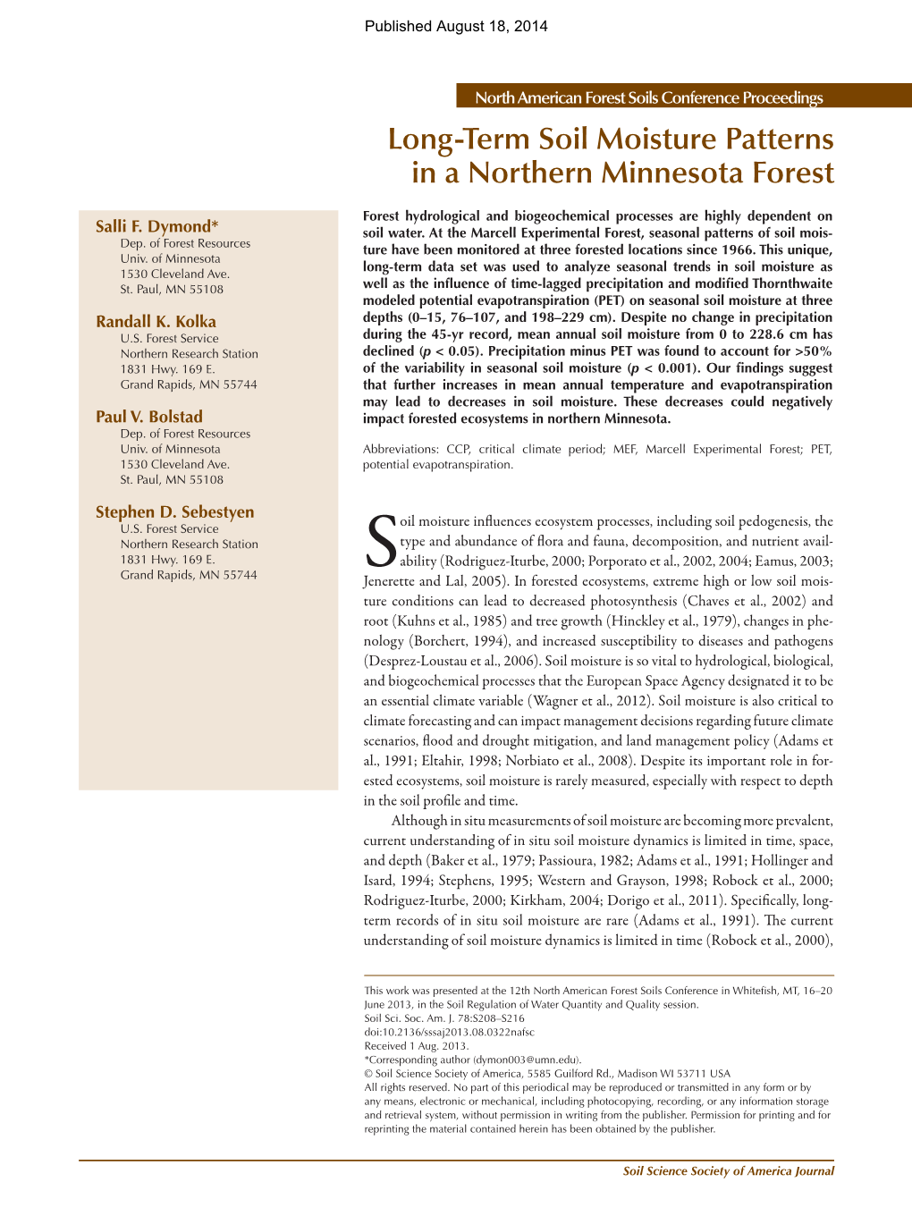 Long-Term Soil Moisture Patterns in a Northern Minnesota Forest