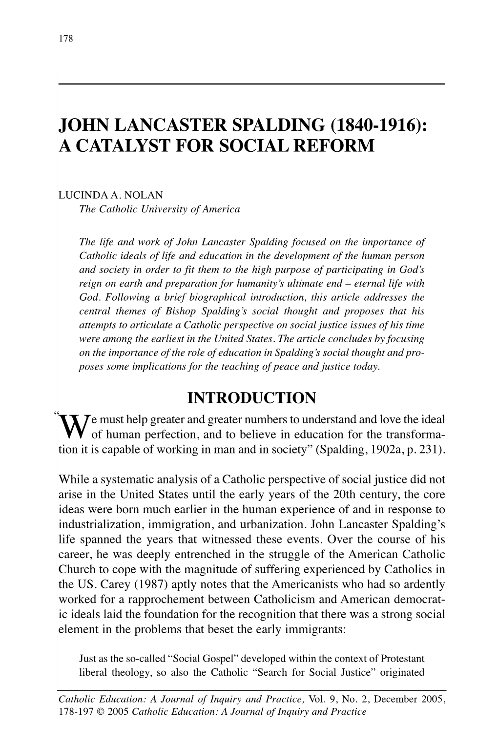 John Lancaster Spalding (1840-1916): a Catalyst for Social Reform