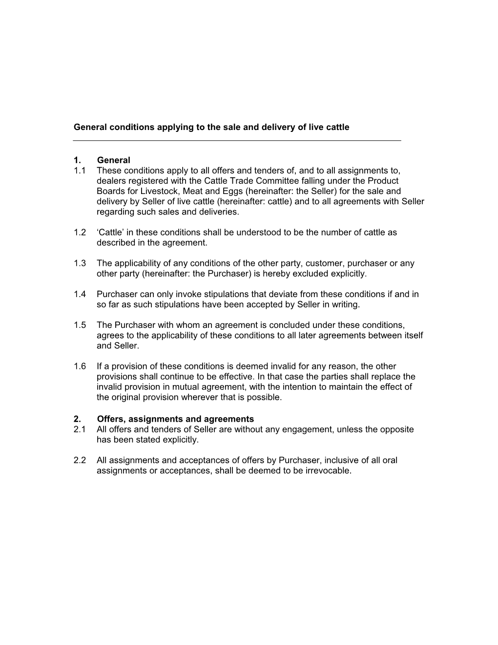 General Conditions Applying to the Sale and Delivery of Live Cattle