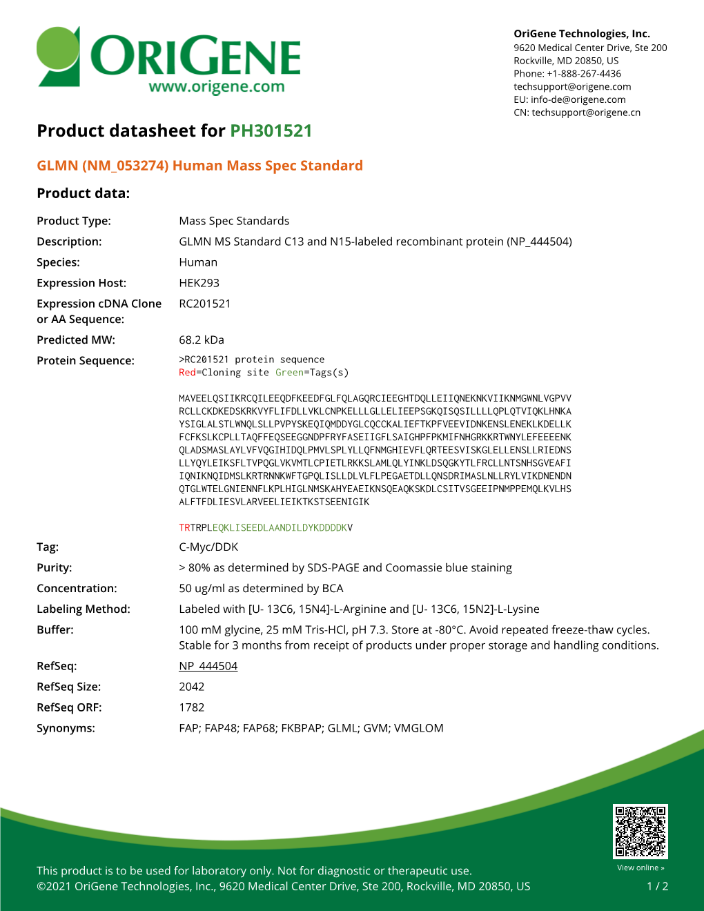 GLMN (NM 053274) Human Mass Spec Standard Product Data