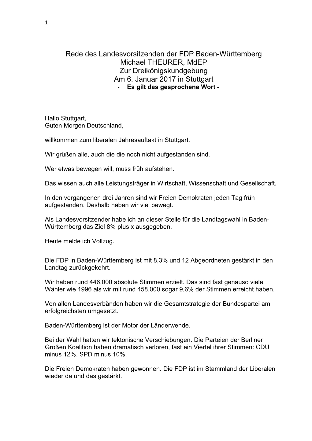 Rede Des Landesvorsitzenden Der FDP Baden-Württemberg Michael THEURER, Mdep Zur Dreikönigskundgebung Am 6