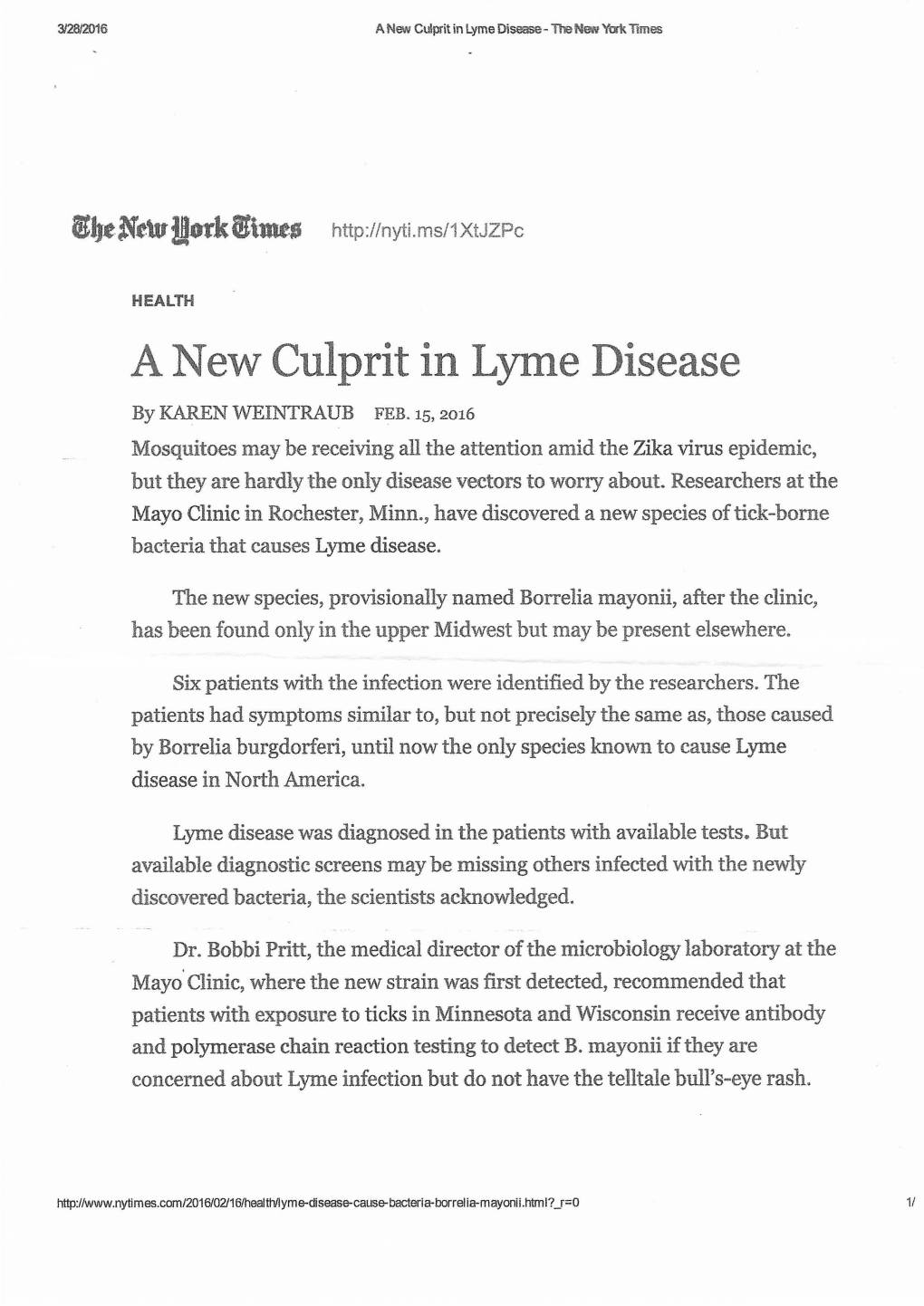 A New Culprit in Lyme Disease- Toe Ne,., 'Ti::Kk Limes