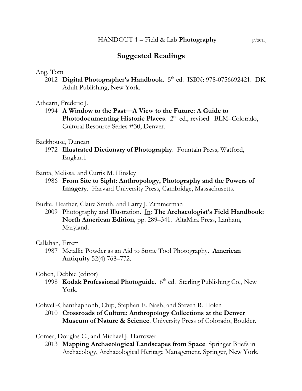 Field and Laboratory Photography Bibliography