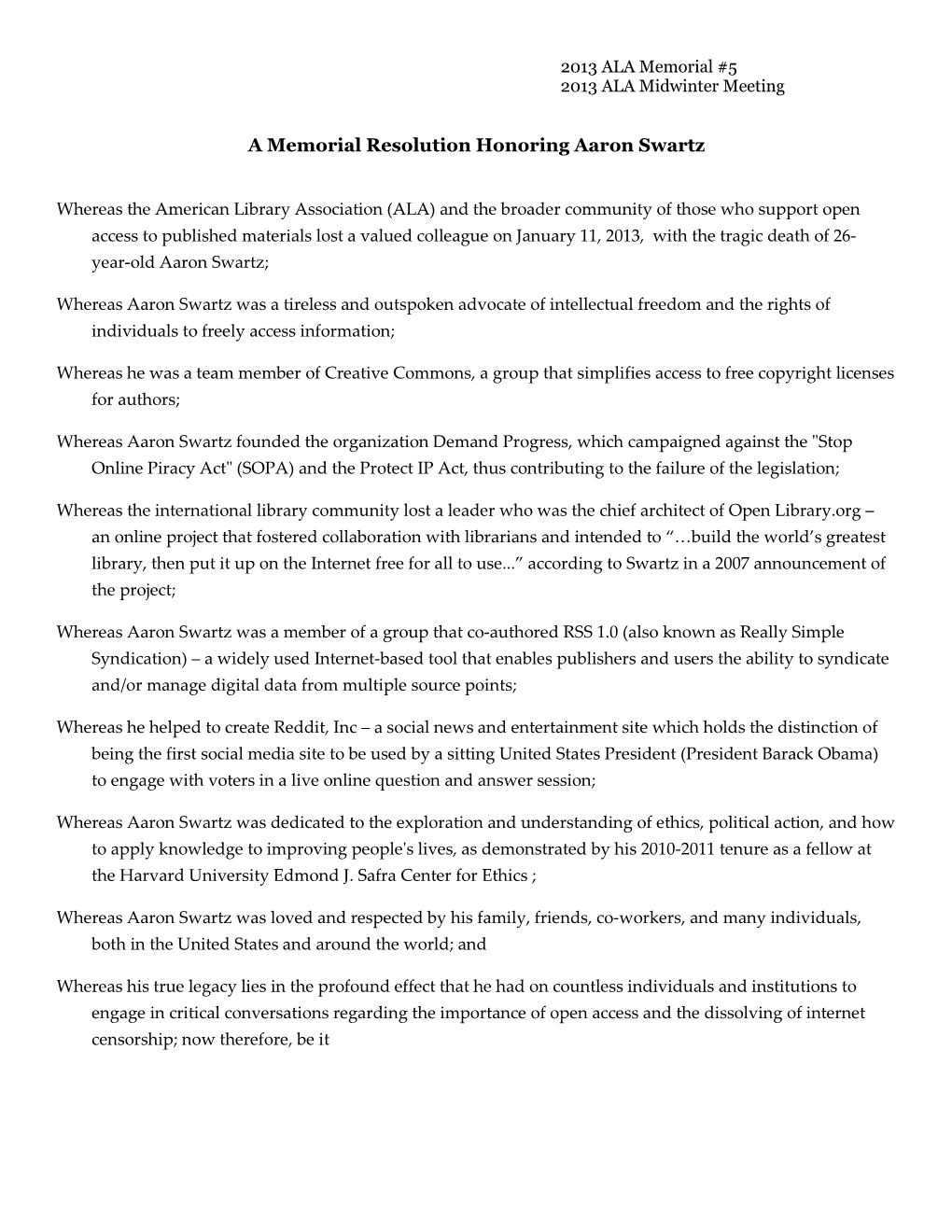 A Memorial Resolution Honoring Aaron Swartz