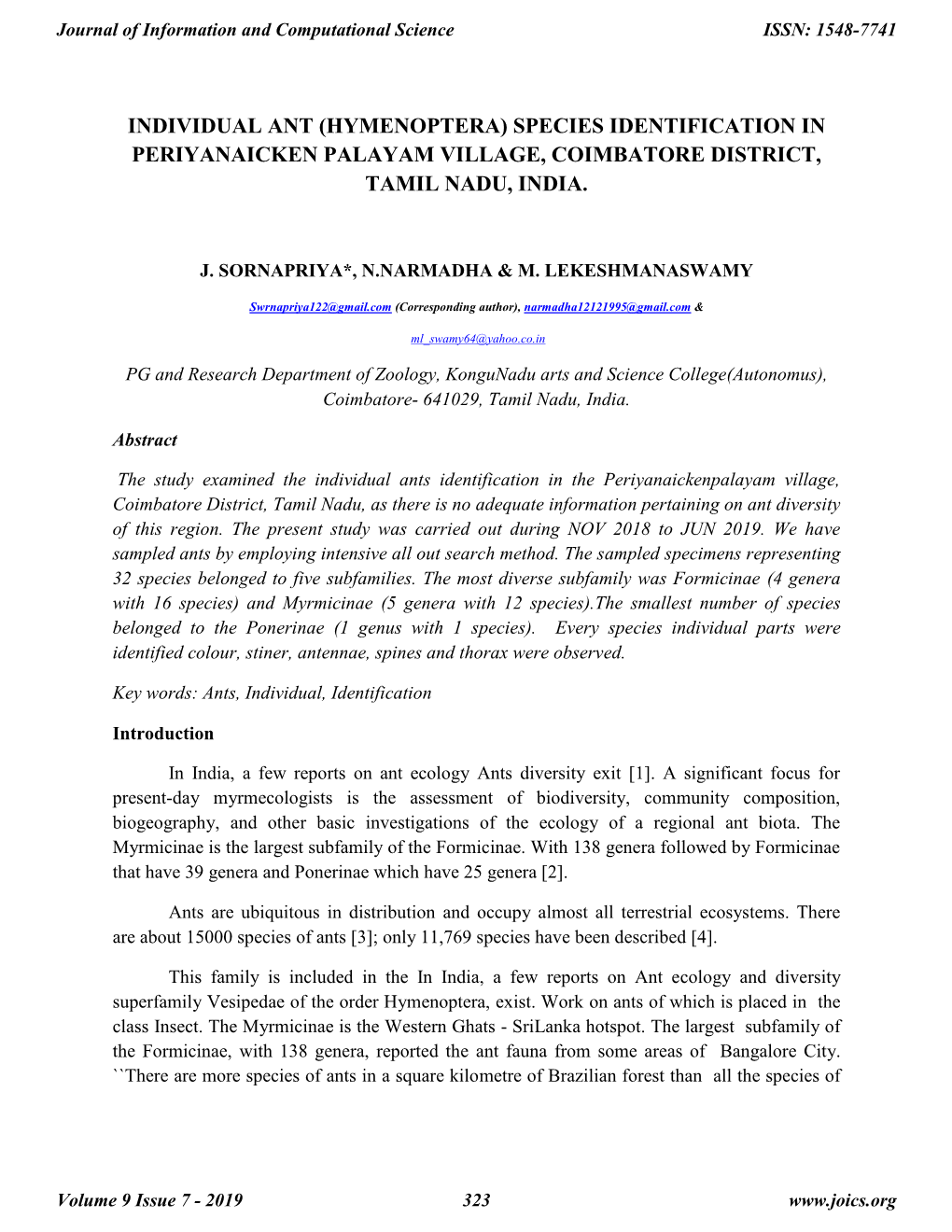 Individual Ant (Hymenoptera) Species Identification in Periyanaicken Palayam Village, Coimbatore District, Tamil Nadu, India