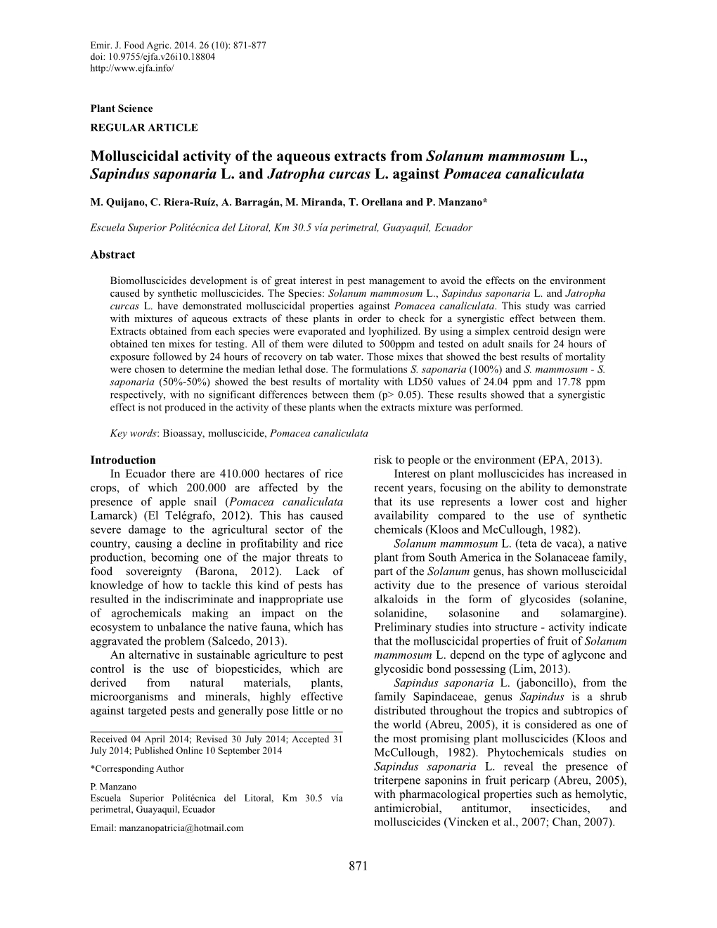 Molluscicidal Activity of the Aqueous Extracts from Solanum Mammosum L., Sapindus Saponaria L