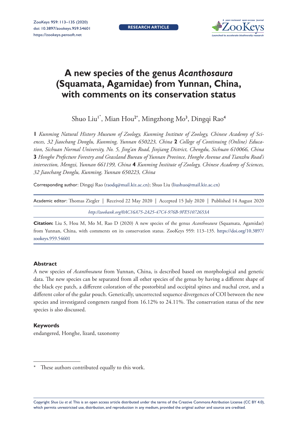 A New Species of the Genus Acanthosaura (Squamata, Agamidae) from Yunnan, China, with Comments on Its Conservation Status