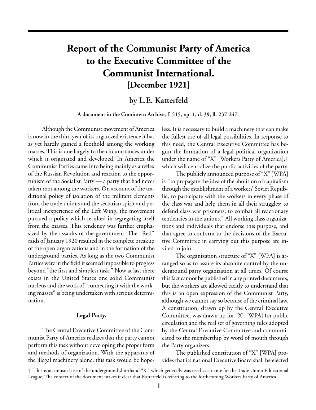 Report of the Communist Party of America to the Executive Committee of the Communist International