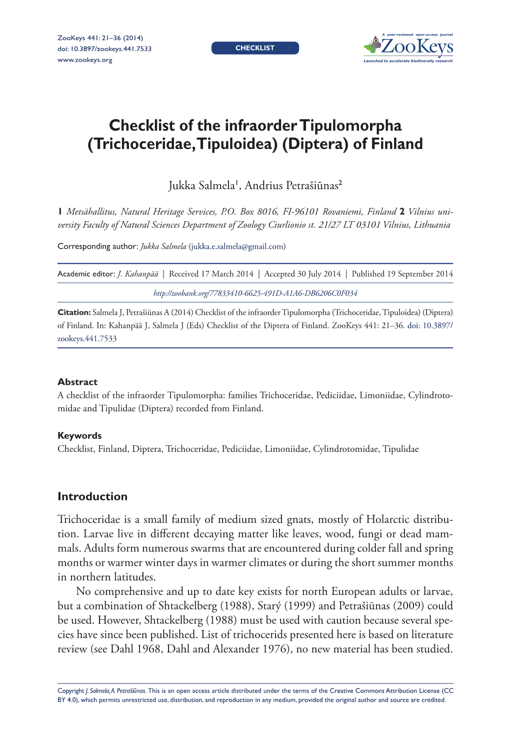 ﻿Checklist of the Infraorder Tipulomorpha