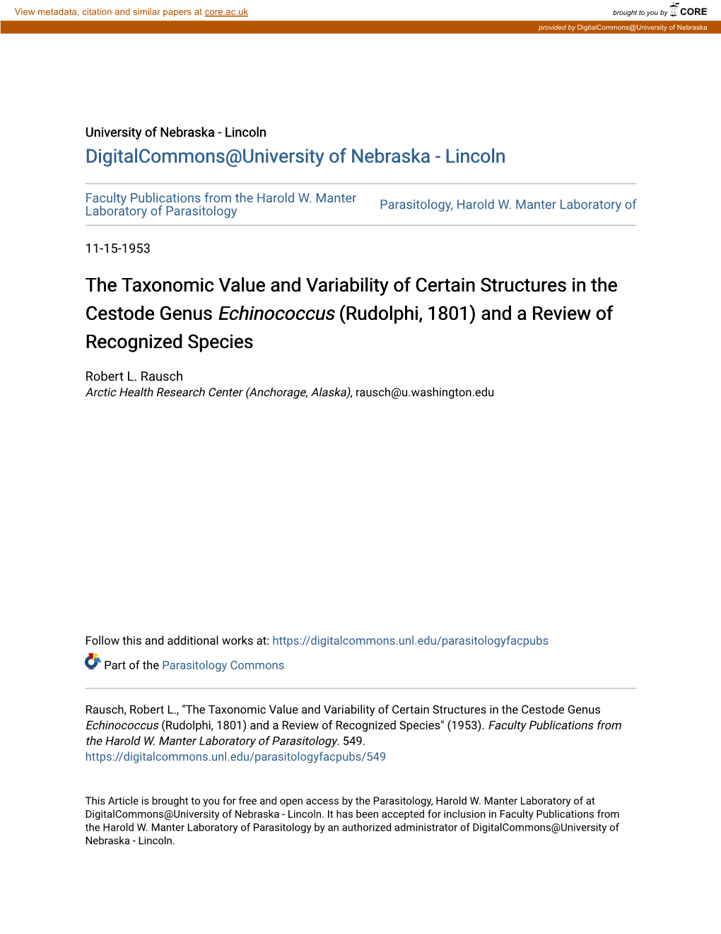 The Taxonomic Value and Variability of Certain Structures in the Cestode Genus Echinococcus (Rudolphi, 1801) and a Review of Recognized Species