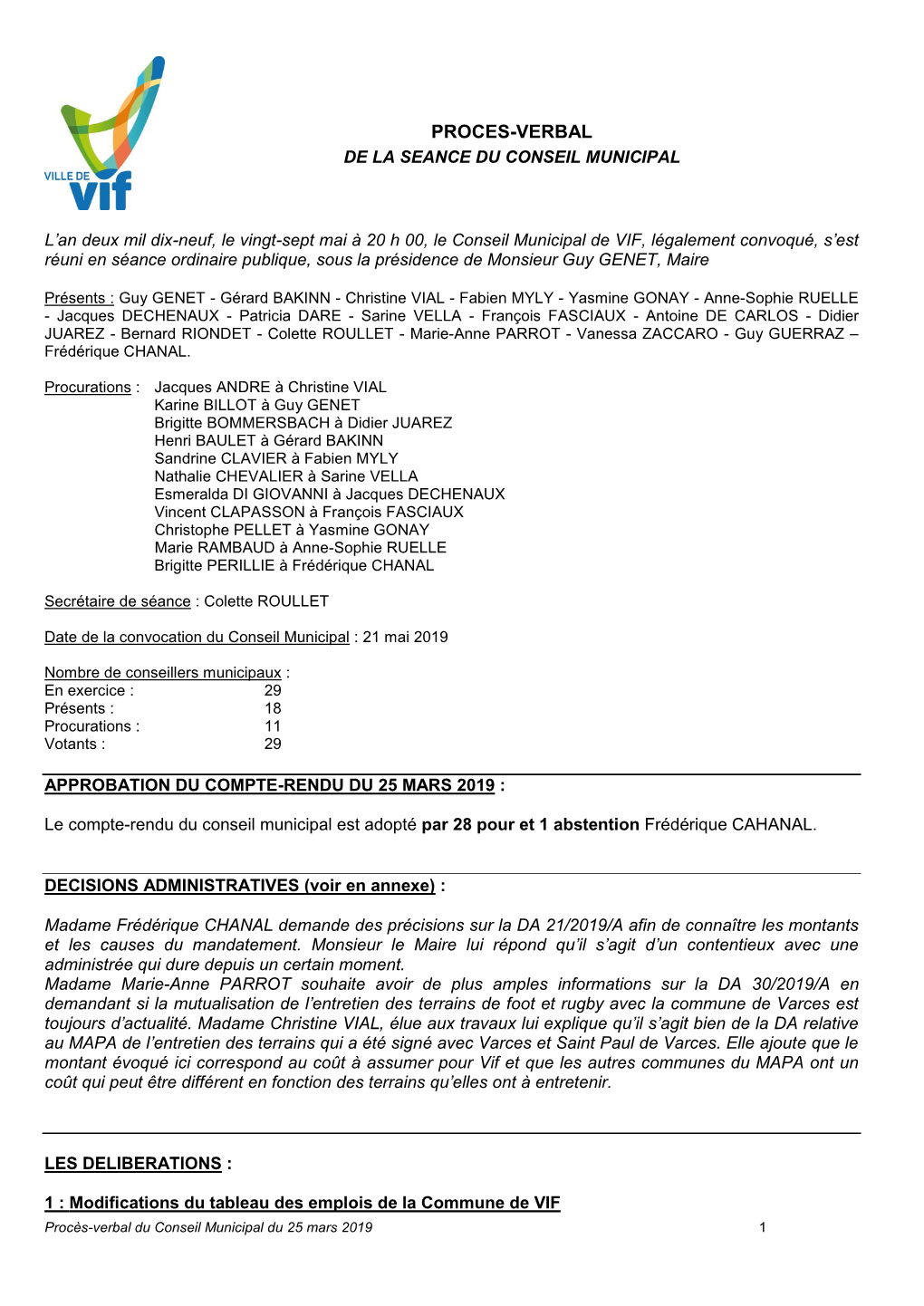 Proces-Verbal De La Seance Du Conseil Municipal