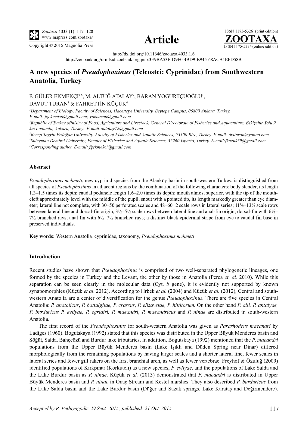 (Teleostei: Cyprinidae) from Southwestern Anatolia, Turkey