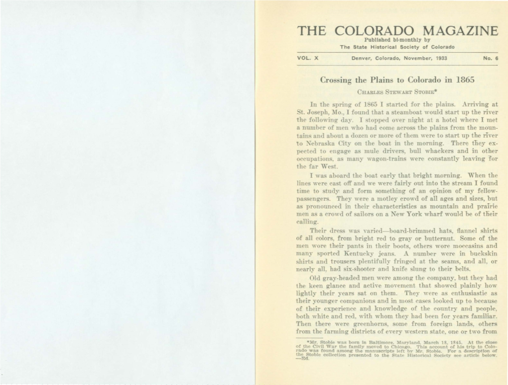 COLORADO MAGAZINE Published Bl-Monthly by the State Historical Society of Colorado