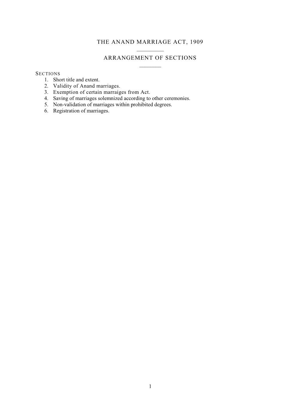 The Anand Marriage Act, 1909 Arrangement of Sections