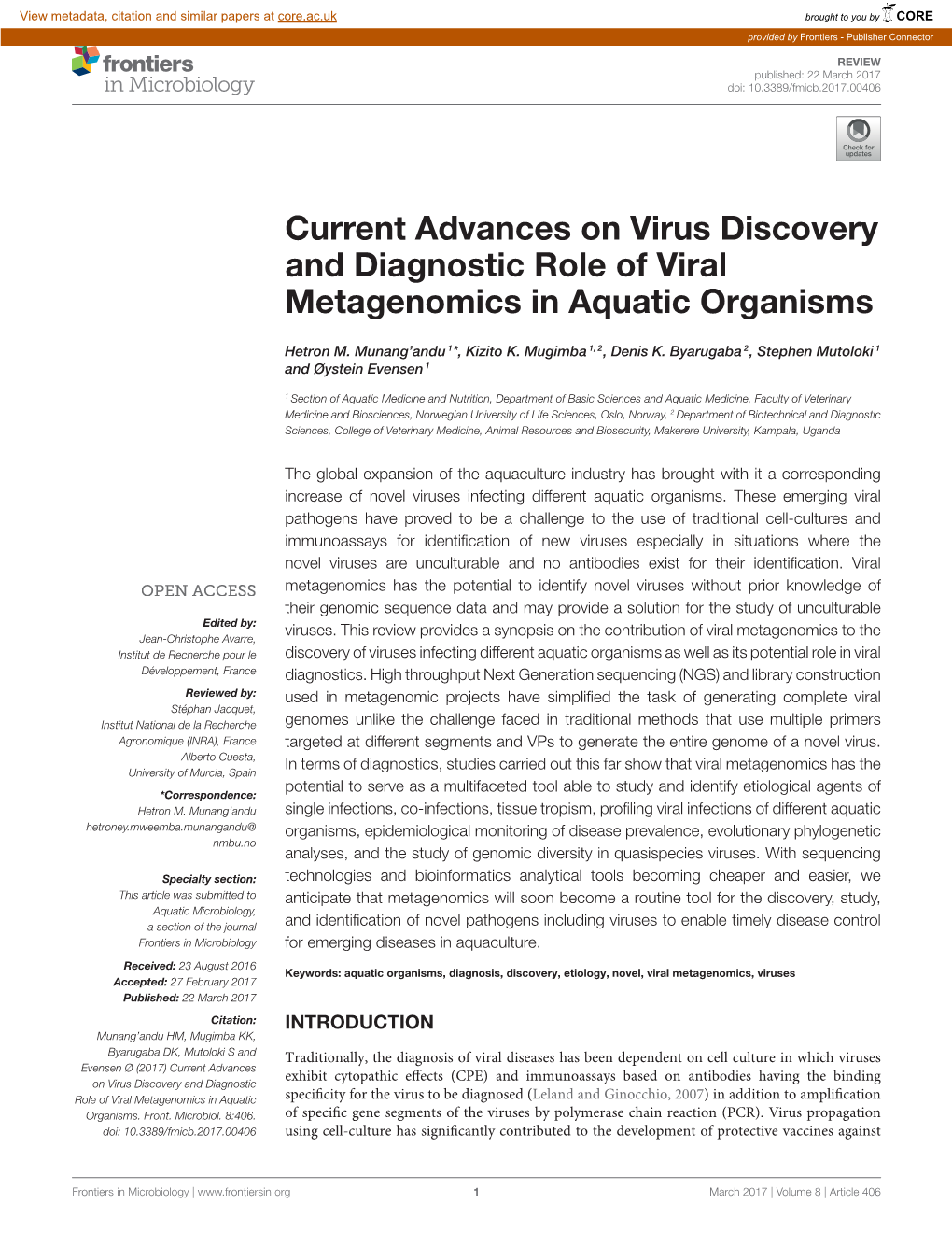 Current Advances on Virus Discovery and Diagnostic Role of Viral Metagenomics in Aquatic Organisms