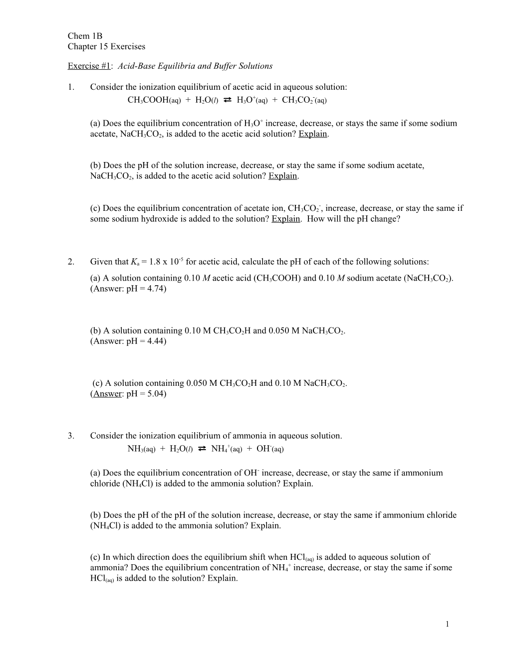 Exercise #1: Acid-Base Equilibria and Buffer Solutions