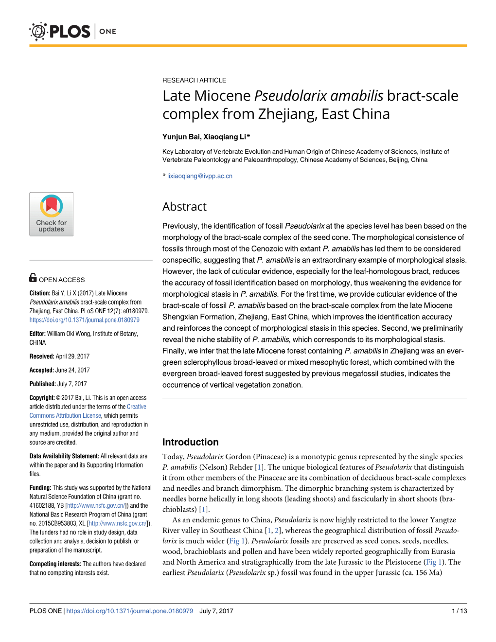 Late Miocene Pseudolarix Amabilis Bract-Scale Complex from Zhejiang, East China