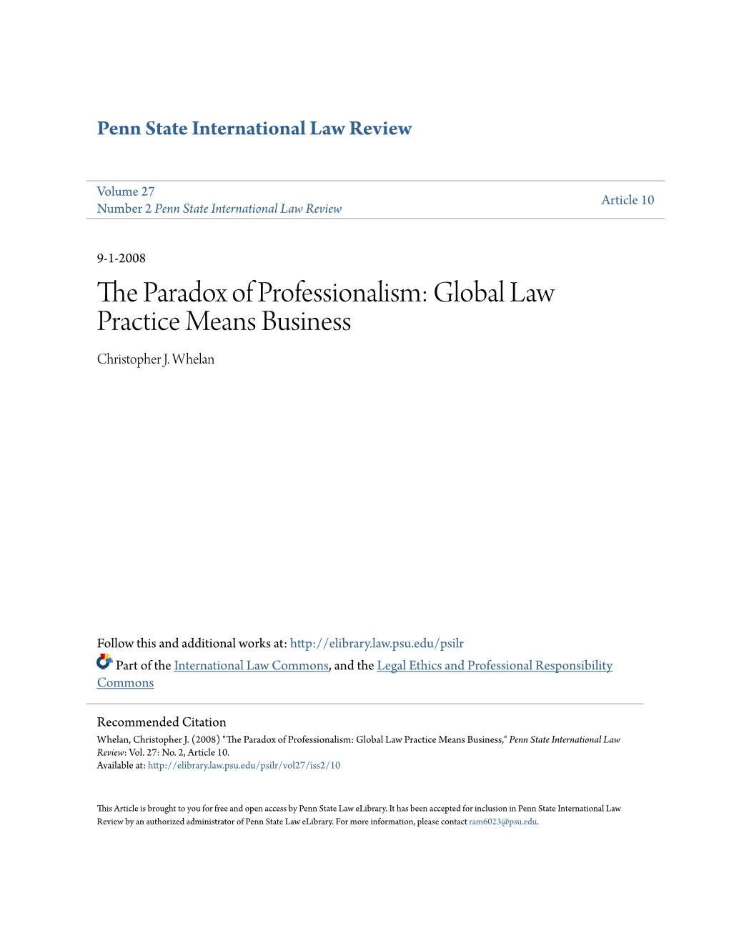 The Paradox of Professionalism: Global Law Practice Means Business Christopher J