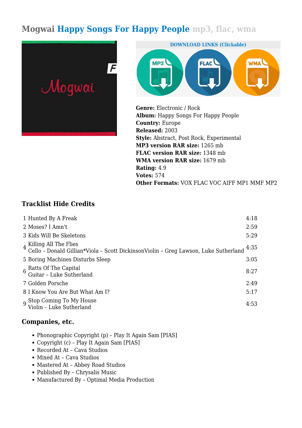 Mogwai Happy Songs for Happy People Mp3, Flac, Wma