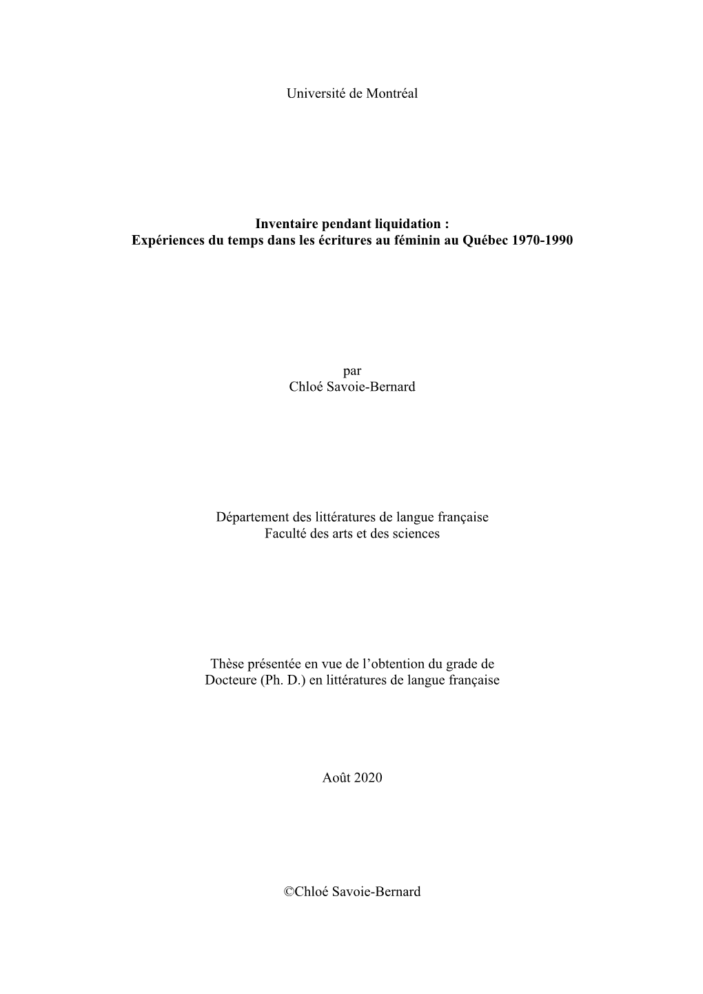 Expériences Du Temps Dans Les Écritures Au Féminin Au Québec 1970-1990