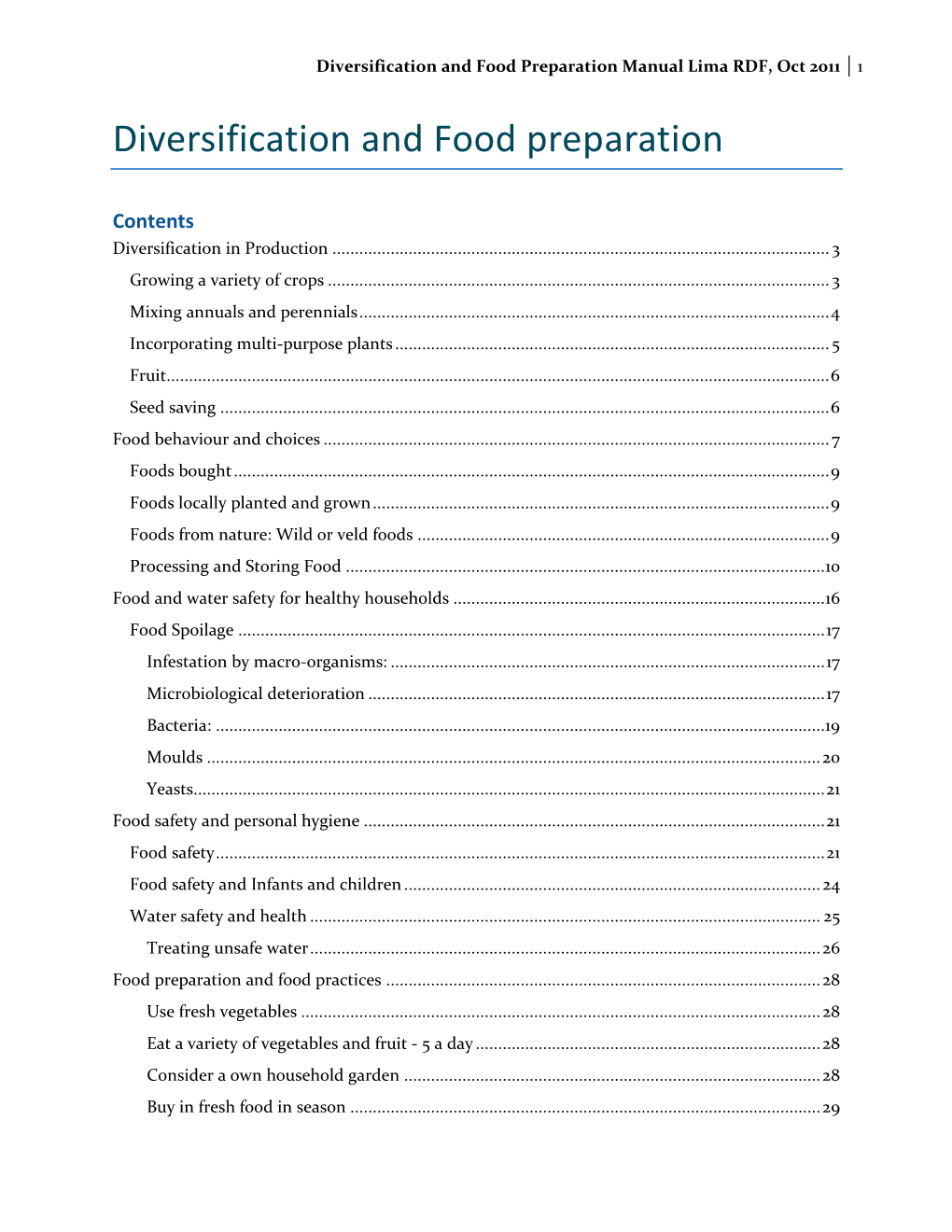Diversification and Food Preparation Manual Lima RDF, Oct 2011 1