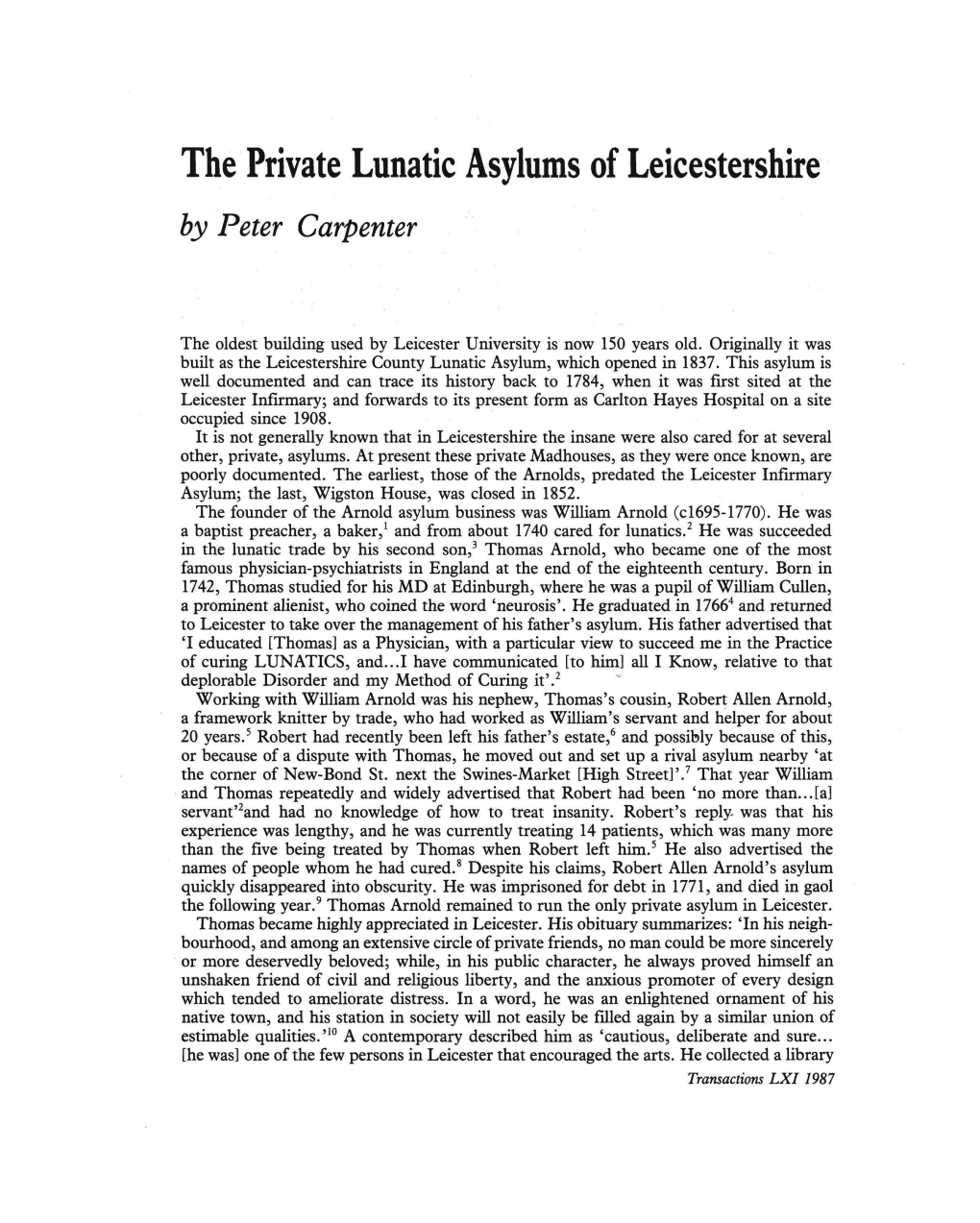 The Private Lunatic Asylums of Leicestershire by Peter Carpenter