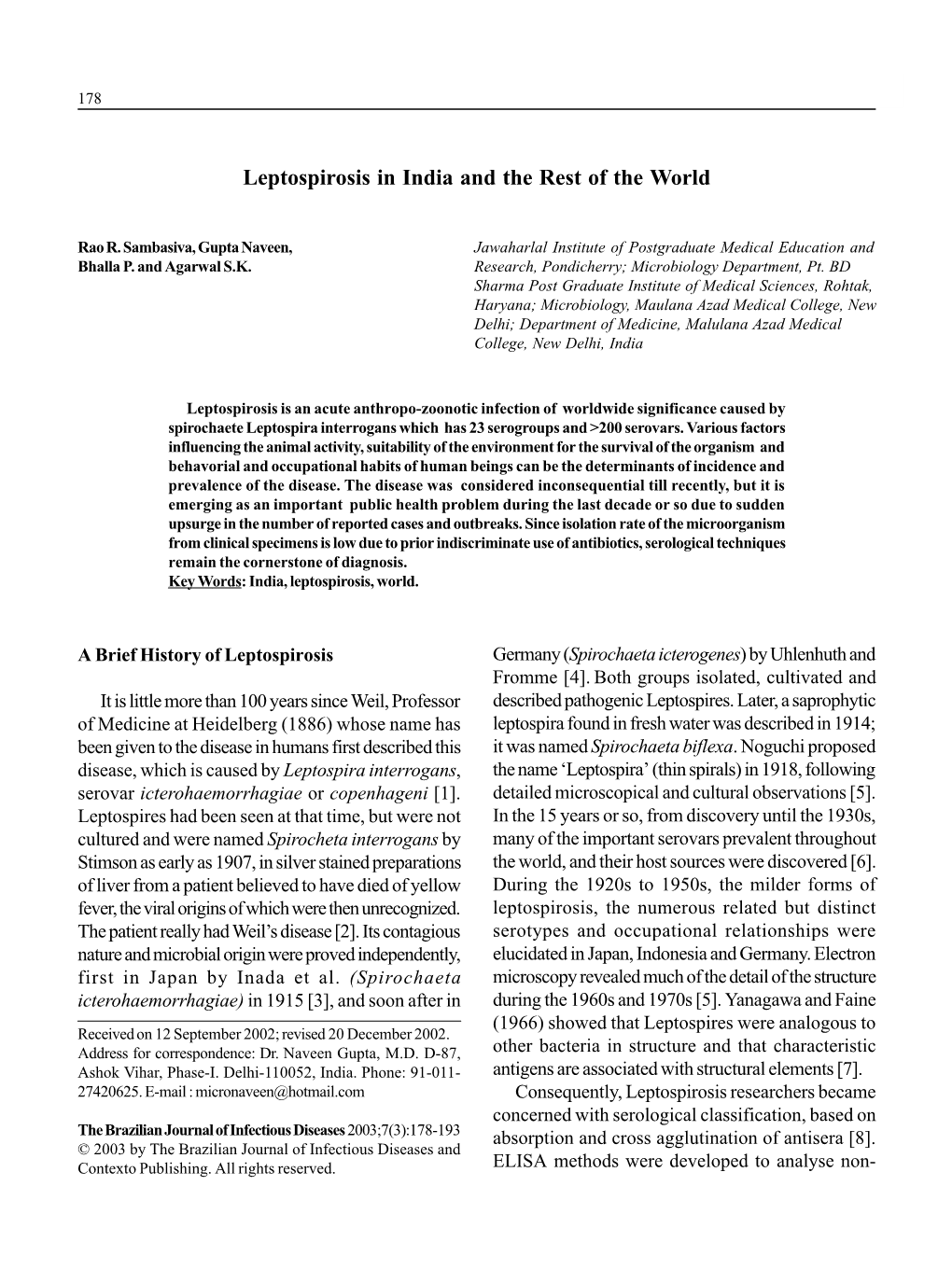 Leptospirosis in India and the Rest of the World