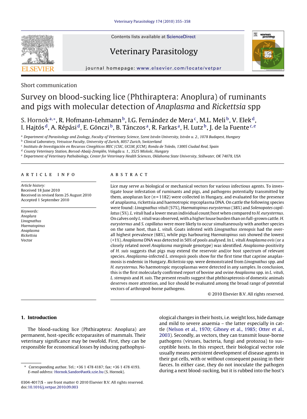 Survey on Blood-Sucking Lice (Phthiraptera: Anoplura) of Ruminants and Pigs with Molecular Detection of Anaplasma and Rickettsia Spp