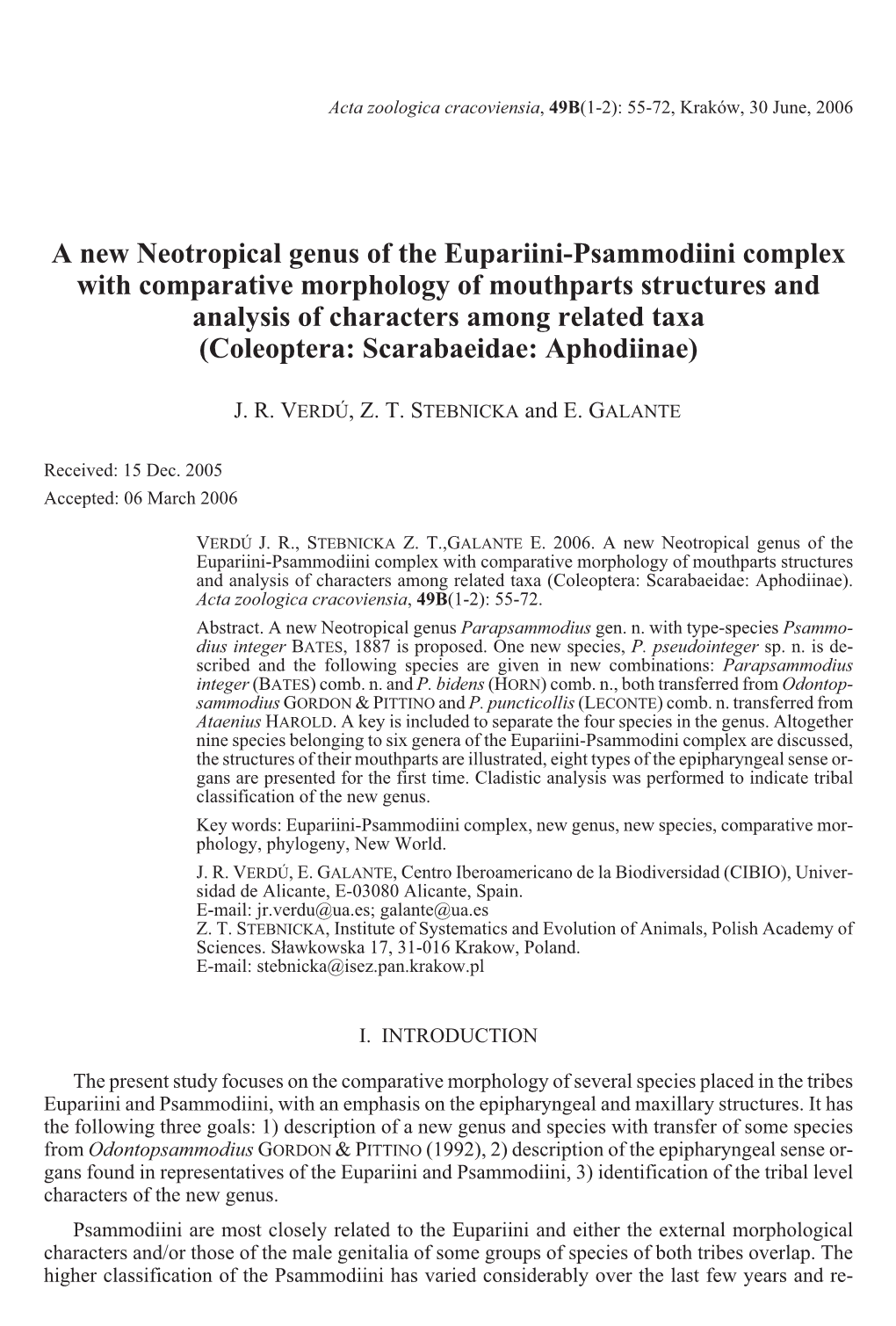 A New Neotropical Genus of the Eupariini-Psammodiini Complex with Comparative Morphology of Mouthparts Structures and Analysis O