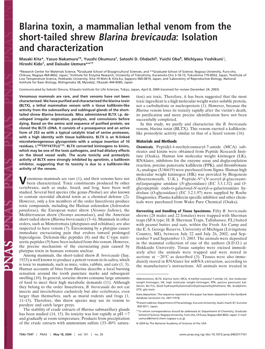 Blarina Toxin, a Mammalian Lethal Venom from the Short-Tailed Shrew Blarina Brevicauda: Isolation and Characterization