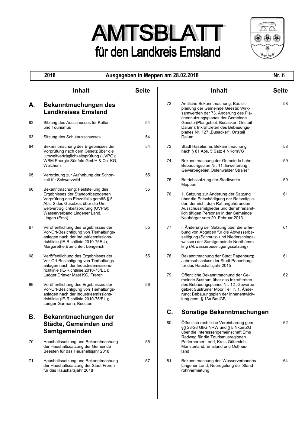 Inhalt Seite A. Bekanntmachungen Des Landkreises Emsland