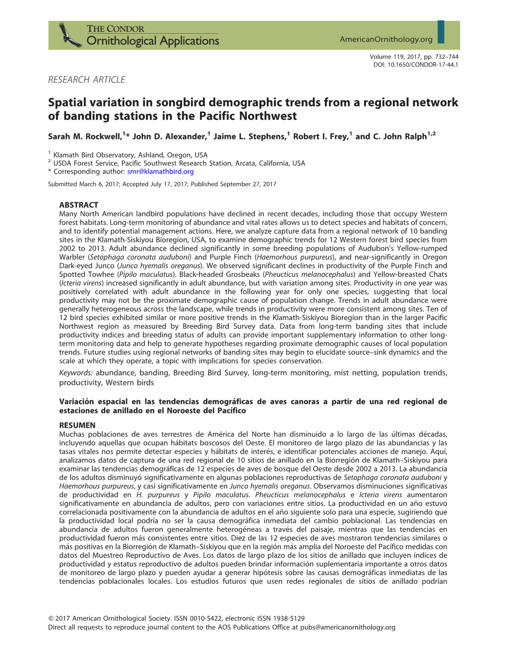 Spatial Variation in Songbird Demographic Trends from a Regional Network of Banding Stations in the Pacific Northwest