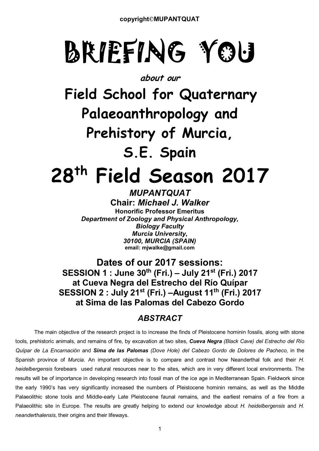 BRIEFING YOU About Our Field School for Quaternary Palaeoanthropology and Prehistory of Murcia, S.E