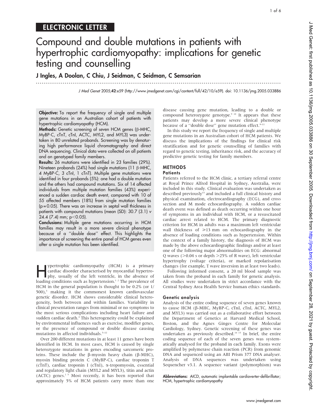Implications for Genetic Testing and Counselling J Ingles, a Doolan, C Chiu, J Seidman, C Seidman, C Semsarian