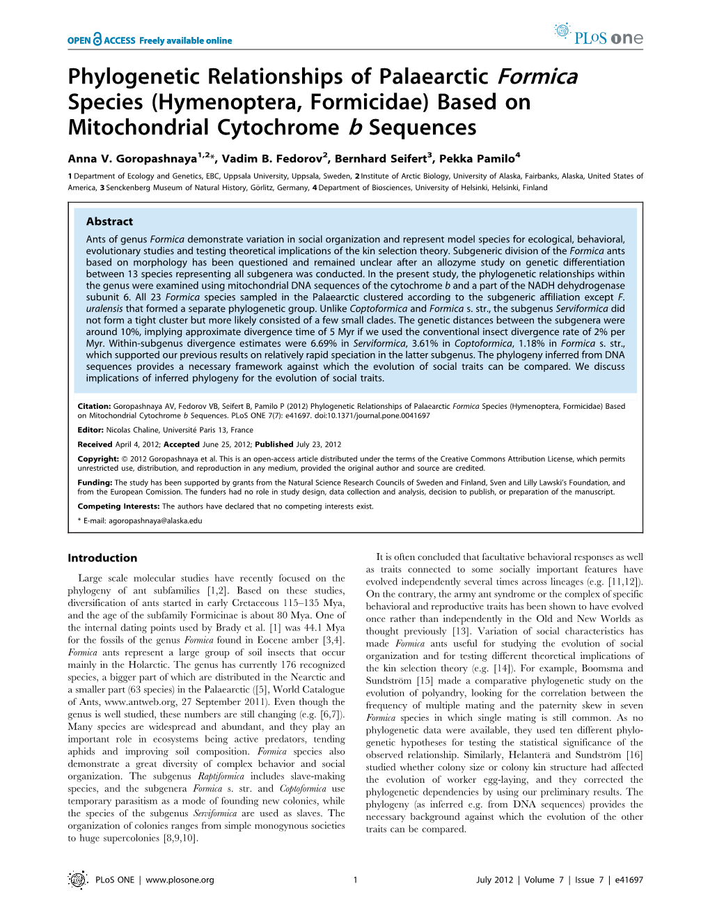Phylogenetic Relationships of Palaearctic Formica Species (Hymenoptera, Formicidae) Based on Mitochondrial Cytochrome B Sequences