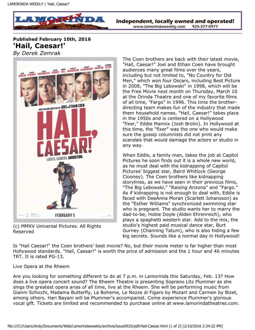 LAMORINDA WEEKLY | 'Hail, Caesar!'