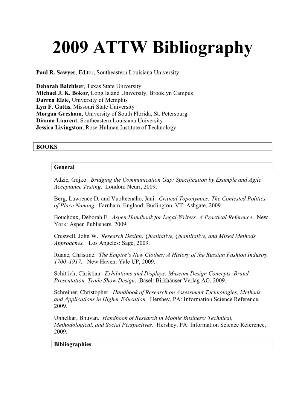 2009 ATTW Bibliography