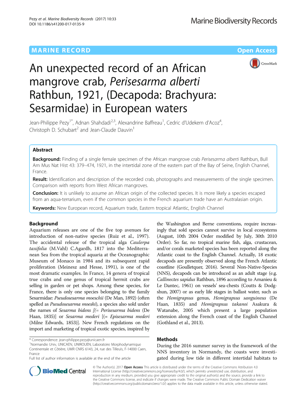 An Unexpected Record of an African Mangrove Crab, Perisesarma Alberti