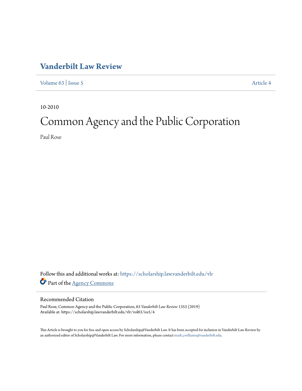 Common Agency and the Public Corporation Paul Rose