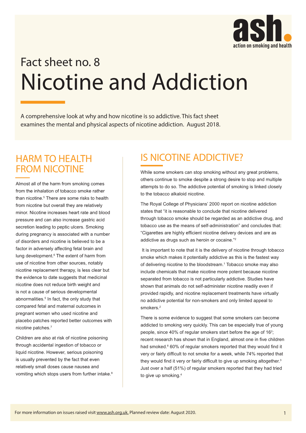 Fact Sheet No. 8 Nicotine and Addiction