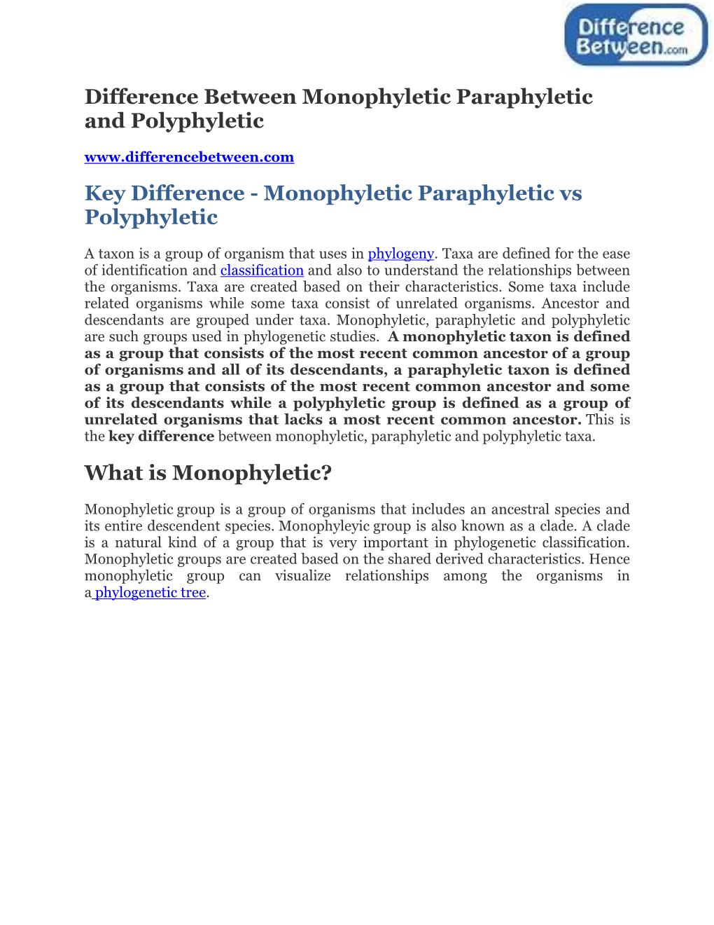 Difference Between Monophyletic Paraphyletic and Polyphyletic Key Difference