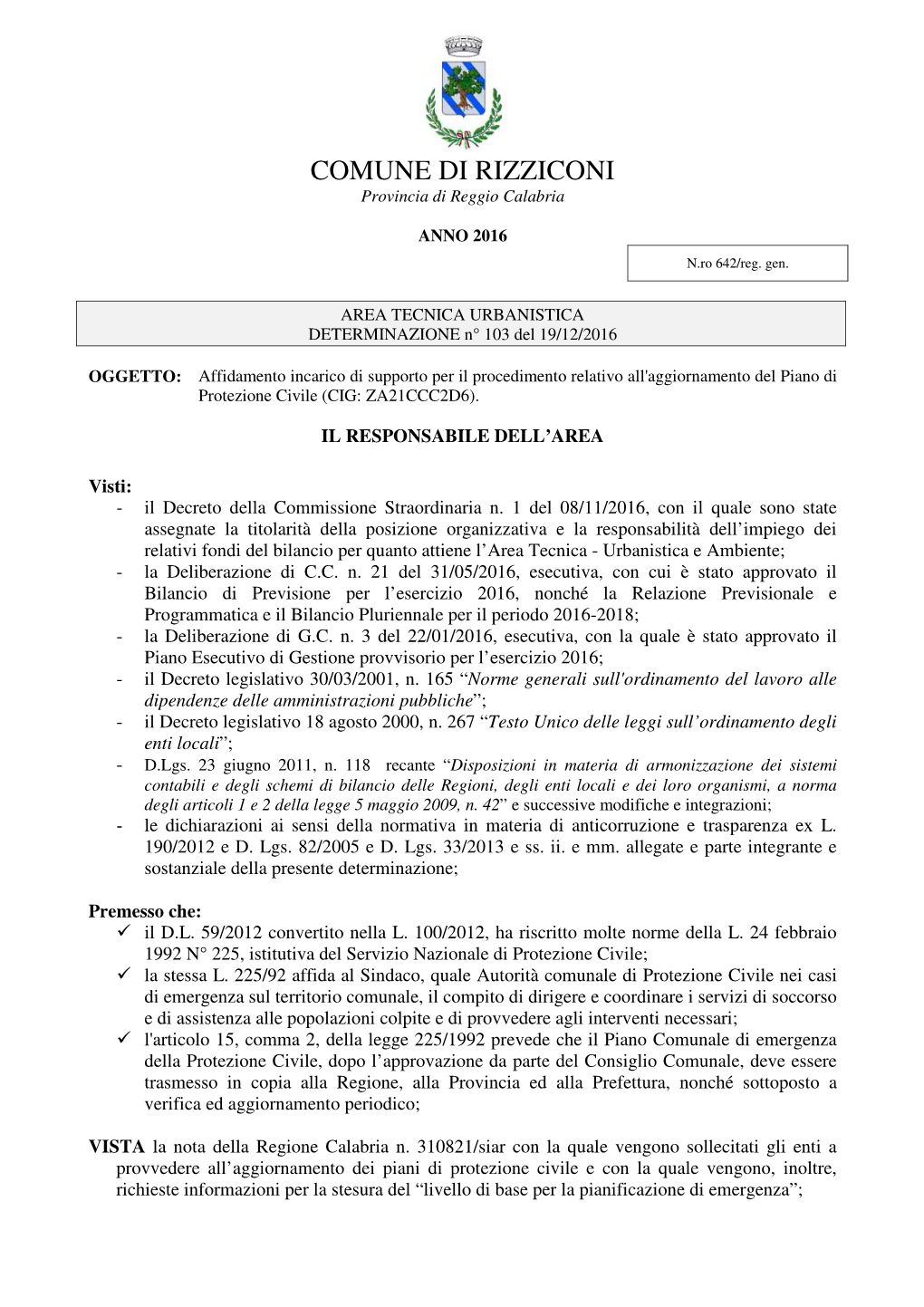 COMUNE DI RIZZICONI Provincia Di Reggio Calabria