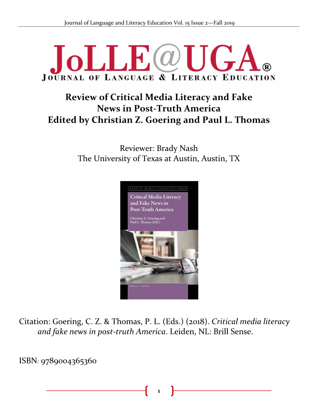 Review of Critical Media Literacy and Fake News in Post-Truth America Edited by Christian Z