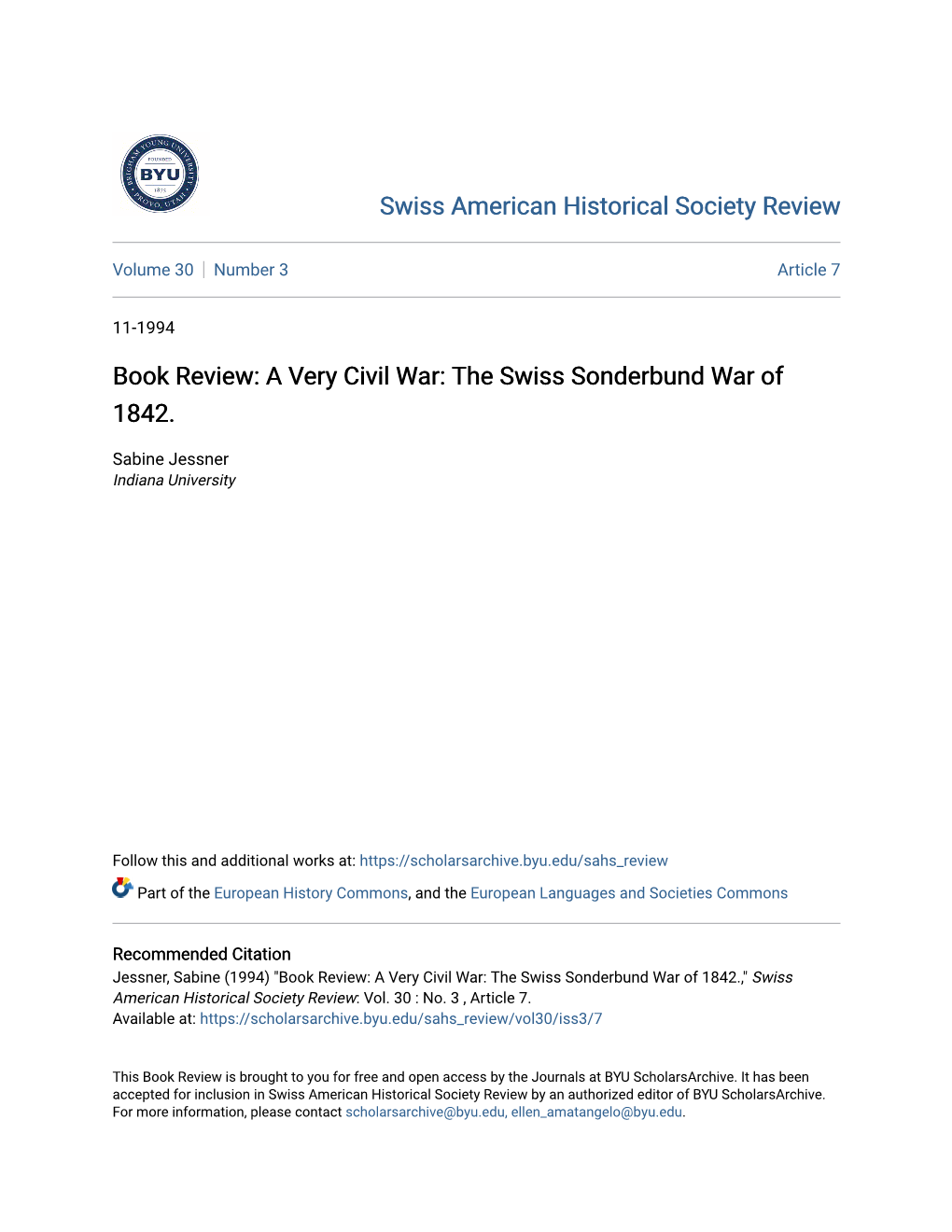 Book Review: a Very Civil War: 1'He Swiss Sonderbund War of 1842