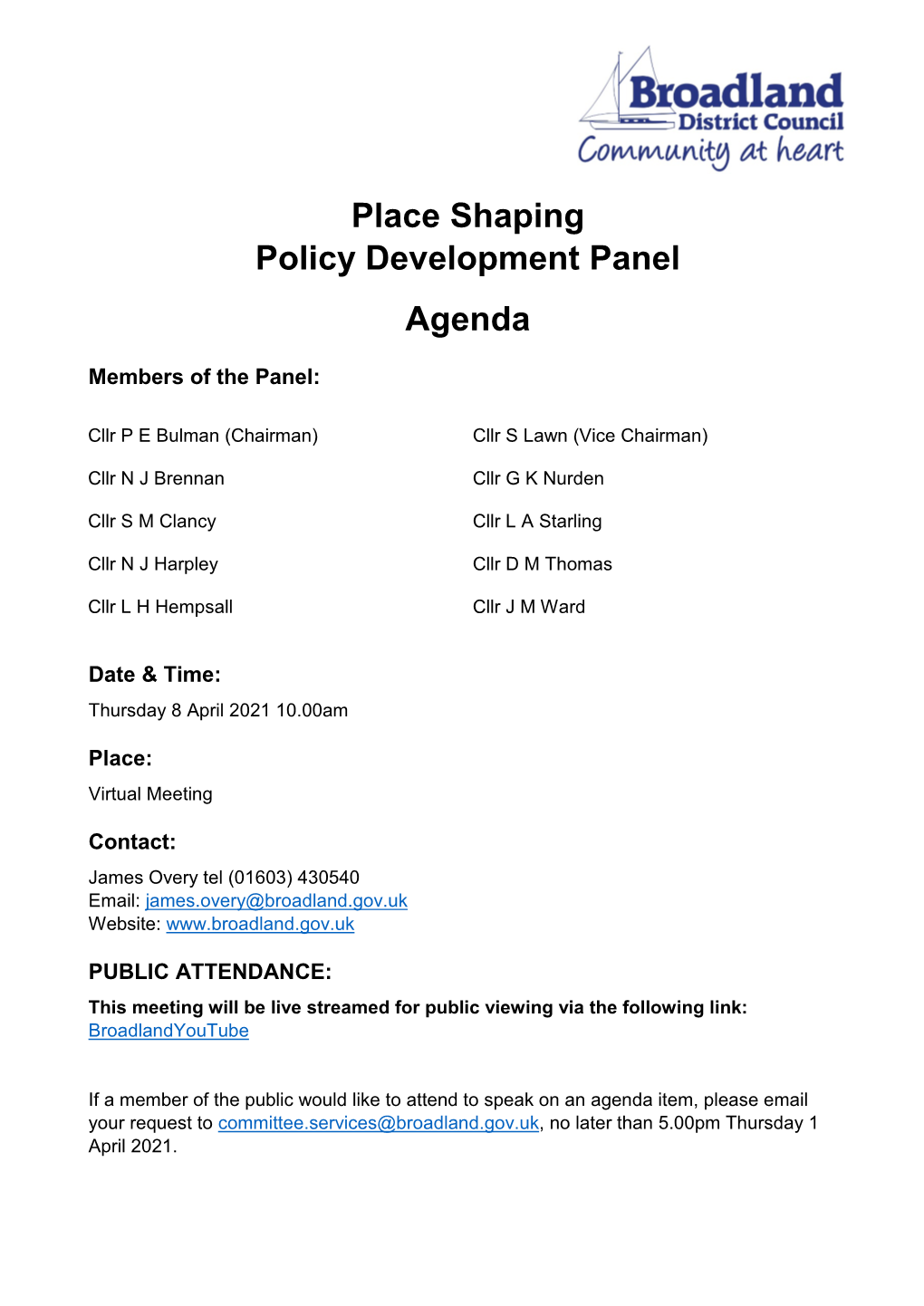 Place Shaping Policy Development Panel Agenda