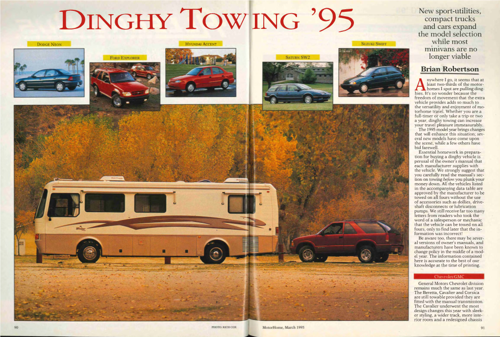 DINGHY TOWING '95 the Model Selection DODGE NEON HYUNDAI ACCENT While Most M1n1vans Are No Longer Viable Brian Robertson