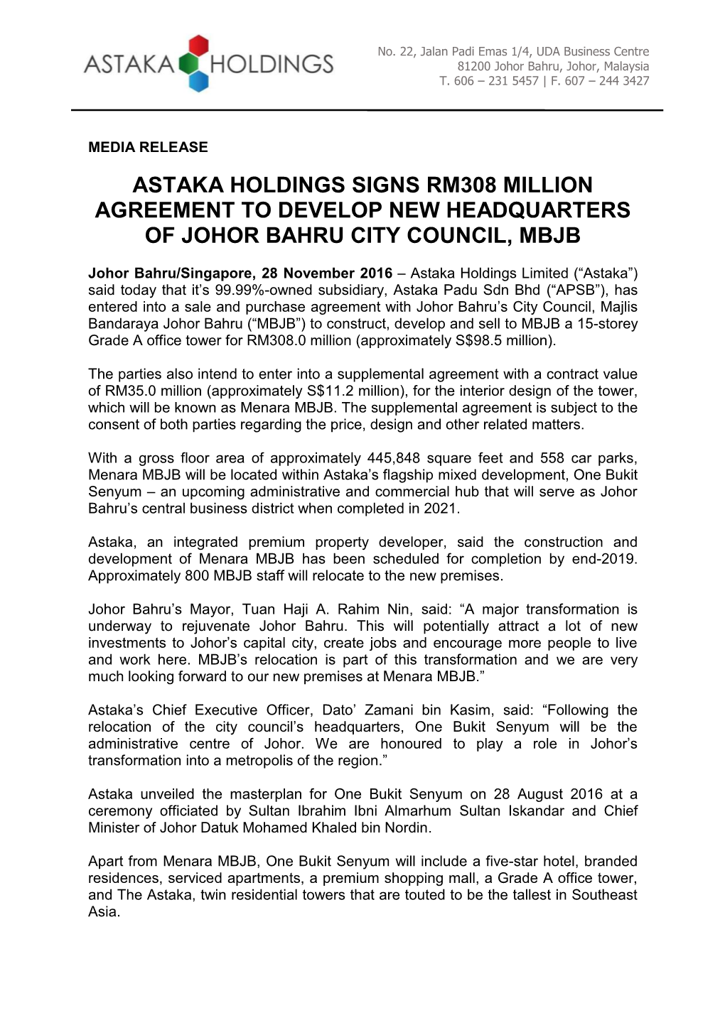 Astaka Holdings Signs Rm308 Million Agreement to Develop New Headquarters of Johor Bahru City Council, Mbjb