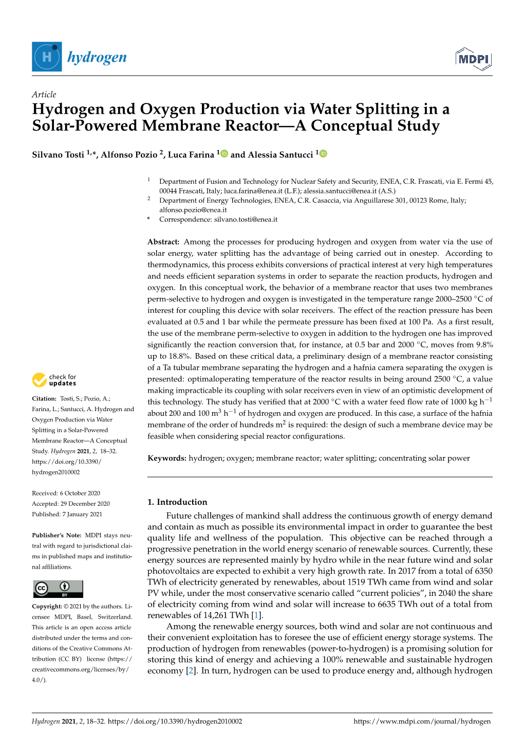 Hydrogen and Oxygen Production Via Water Splitting in a Solar-Powered Membrane Reactor—A Conceptual Study